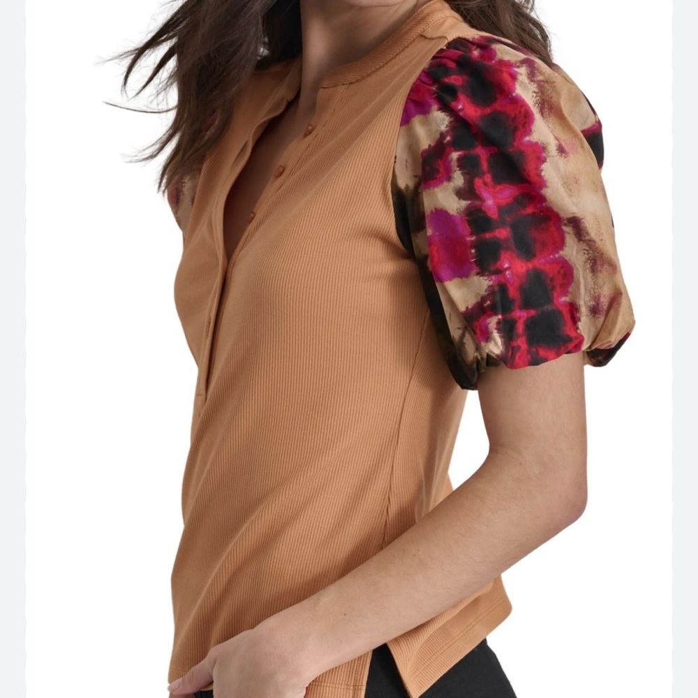 DKNY Tan Top with Multicolor Puff Sleeves
